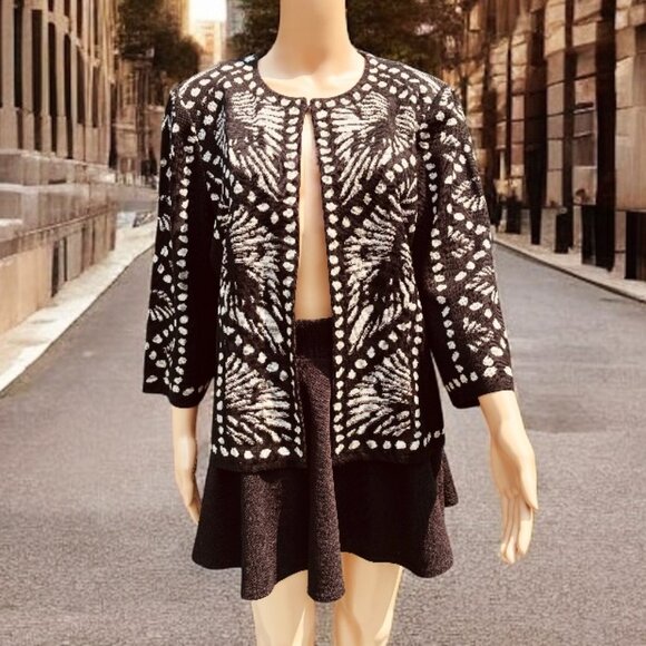 MING WANG Jacquard Premier Knitwear Bracelet Sleeves Jacket Cardigan Sz L - Picture 2 of 6